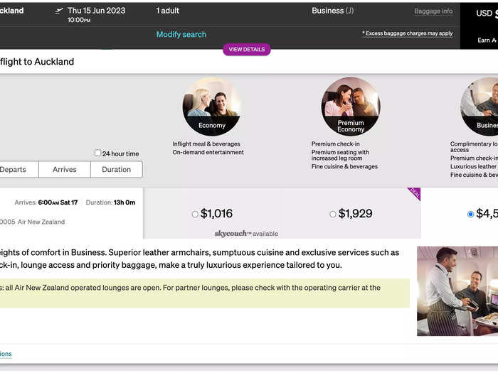 Unsurprisingly, the biggest difference I spotted was the price. At the time of booking, a one-way business-class flight to Auckland on Air New Zealand was about $4,500, according to the airline