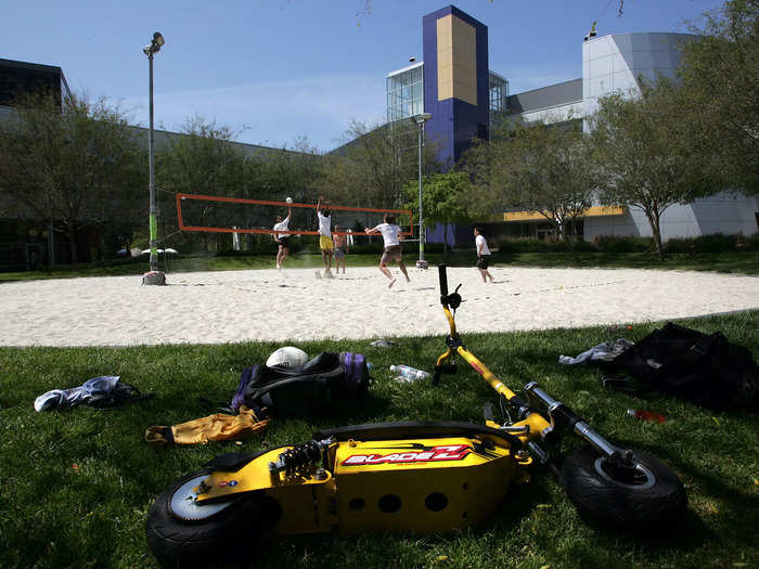 It has a sand volleyball court.