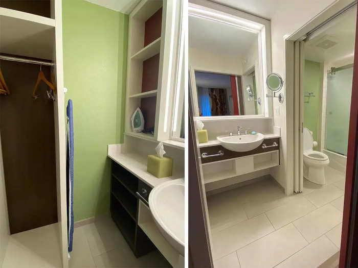 The bathroom had just as much storage. There was a small closet and ironing board on the left and multiple shelves surrounding the sink on the right.