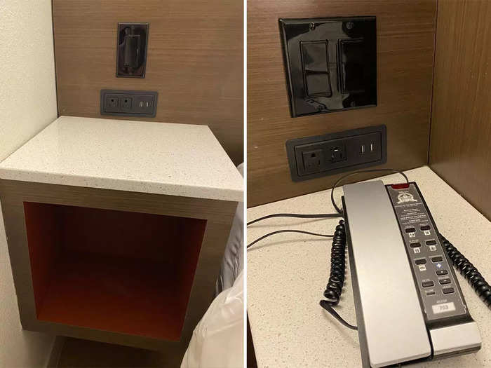 Next to each bed was a small table built into the wall. Here, I found even more outlets to charge electronics.