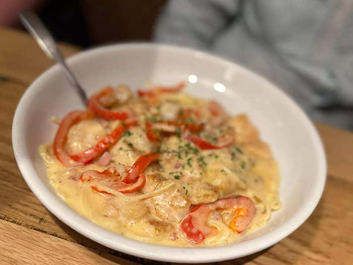 My husband was impressed by his pasta dish with shrimp.