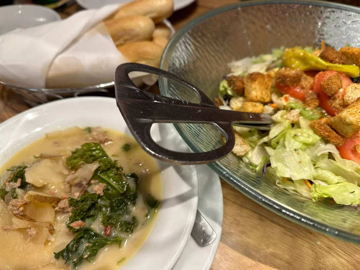 Our entreés came with soup, salad, and breadsticks.