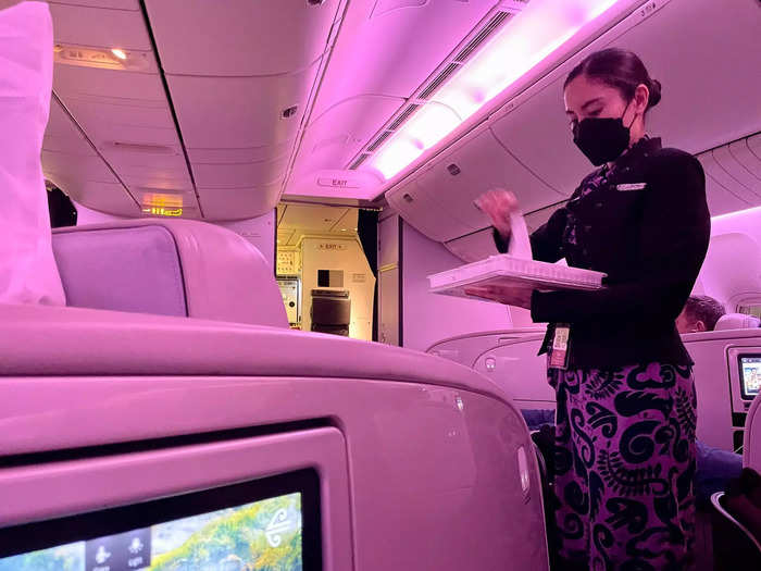 Flight attendants offered passengers hot towels multiple times throughout the flight.