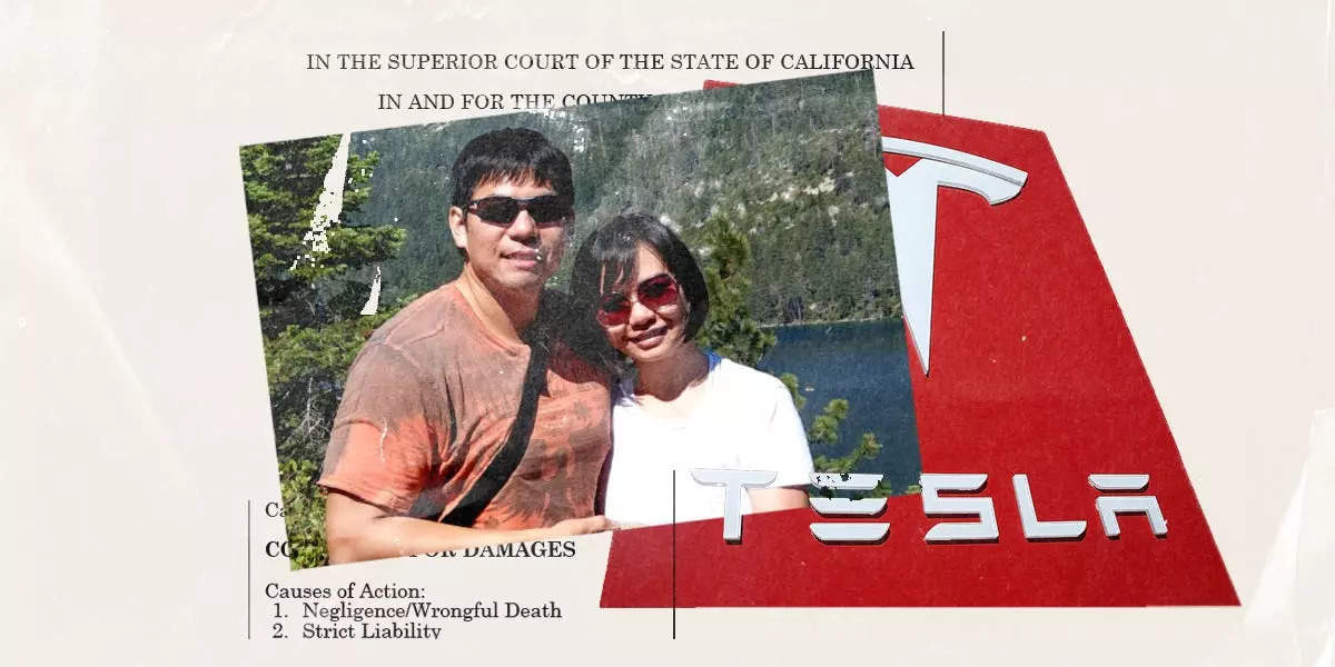 Photo collage featuring a picture of Walter Huang and Sevonne Huang in front of a Tesla sign