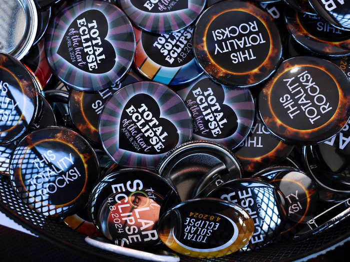 Souvenir buttons for sale at the Carbondale Eclipse festival in Illinois.