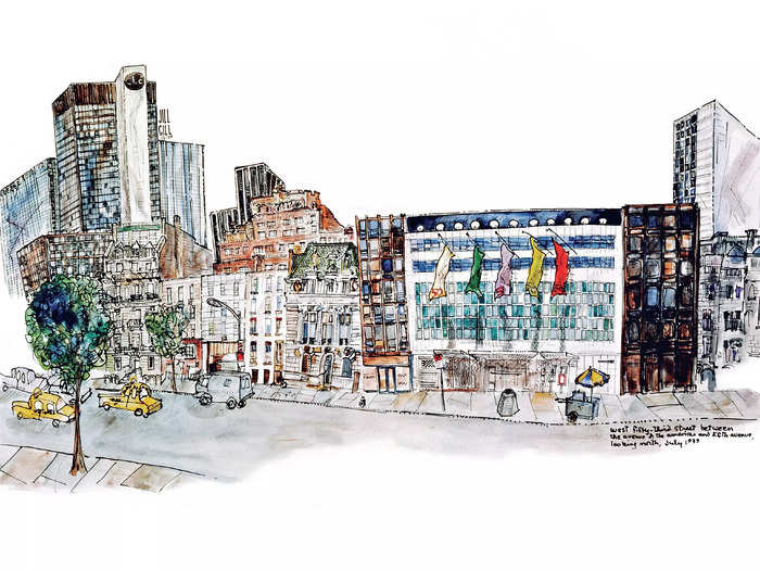 Gill painted the Museum of Modern Art as it looked in 1979 on what she called a "charming block" featuring brownstones and mansions.