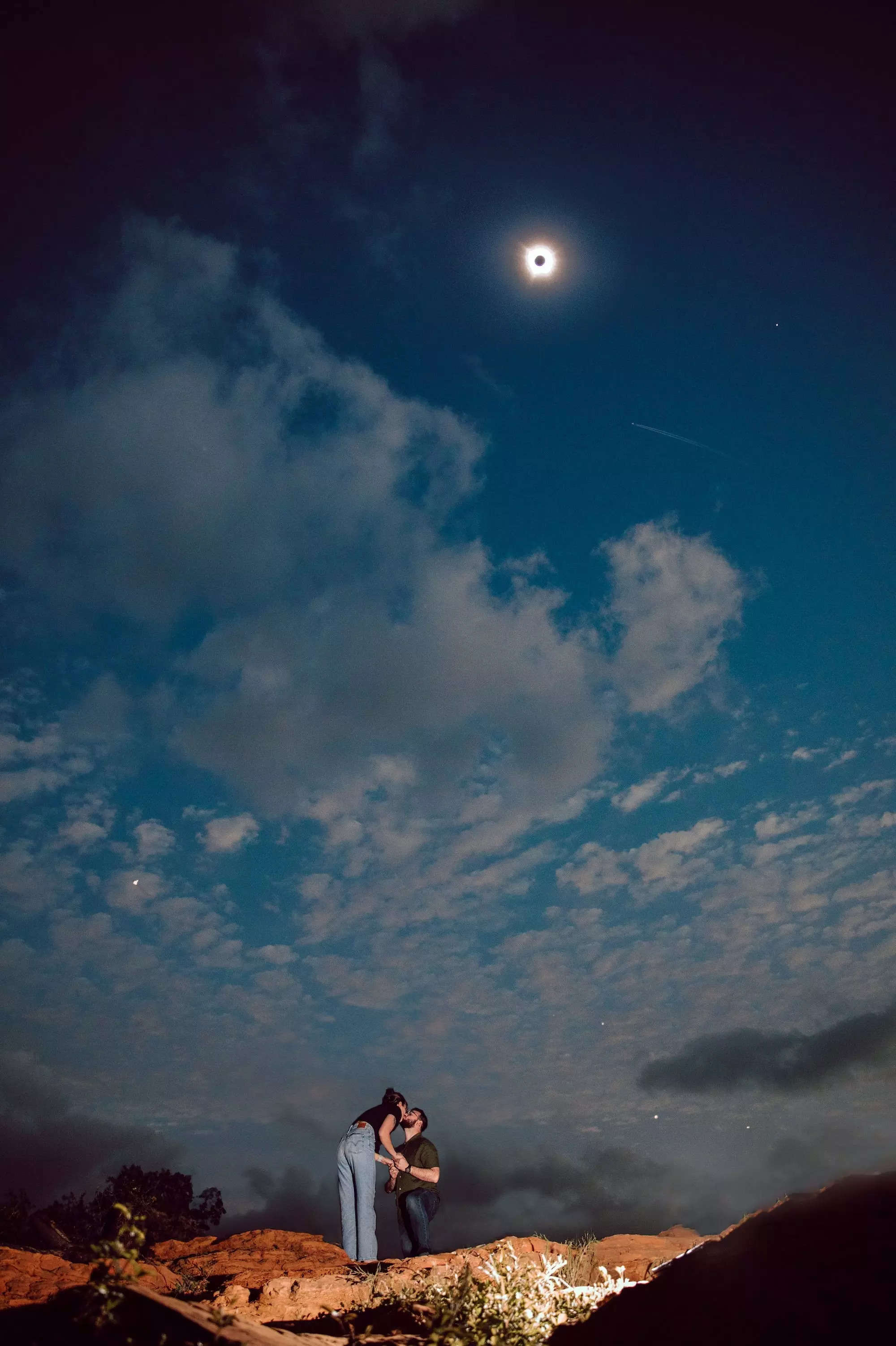A couple kisses after he proposes in front of a solar eclipse.