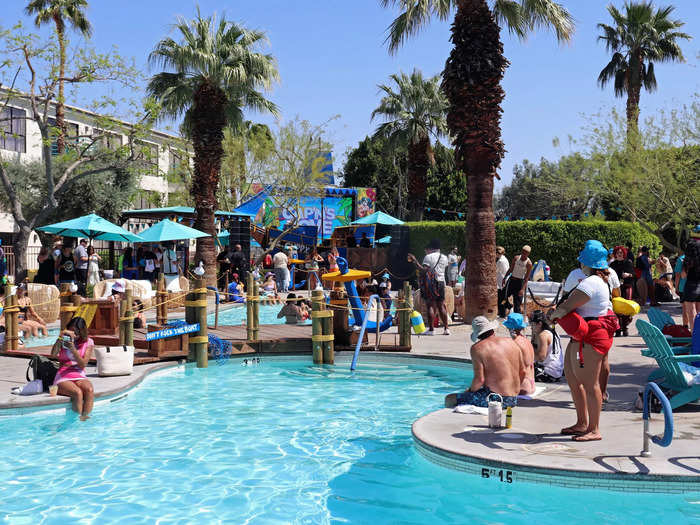 Hotels host branded pool parties with free merchandise, beverages, and celebrity guests.