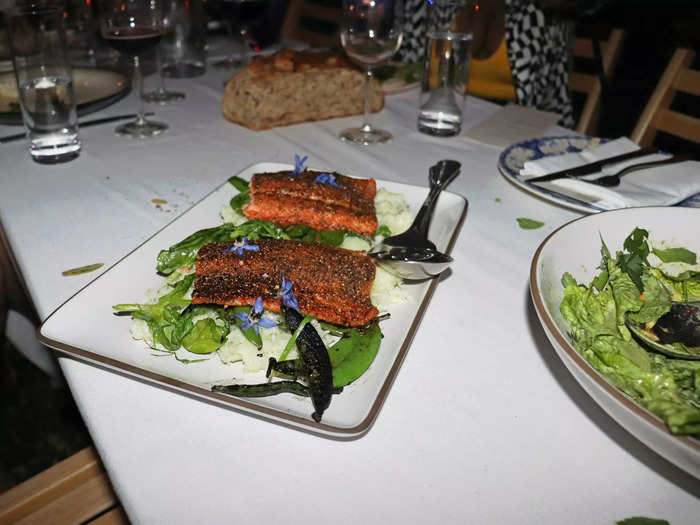 The main course was local halibut with jade rice and snap peas.