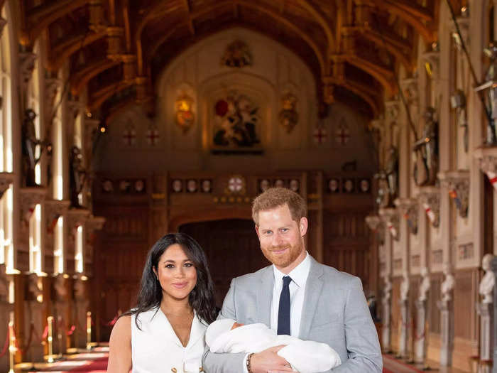 Meghan even looked stylish two days after giving birth, posing at Windsor Castle with Archie and Prince Harry in a white Grace Wales Bonner dress with button detailing in May 2019.