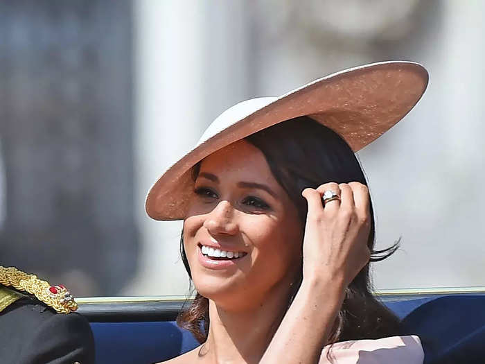 Meghan wore a pink Carolina Herrera dress and matching hat for Trooping the Colour in June 2018, her first official engagement as a member of the royal family.