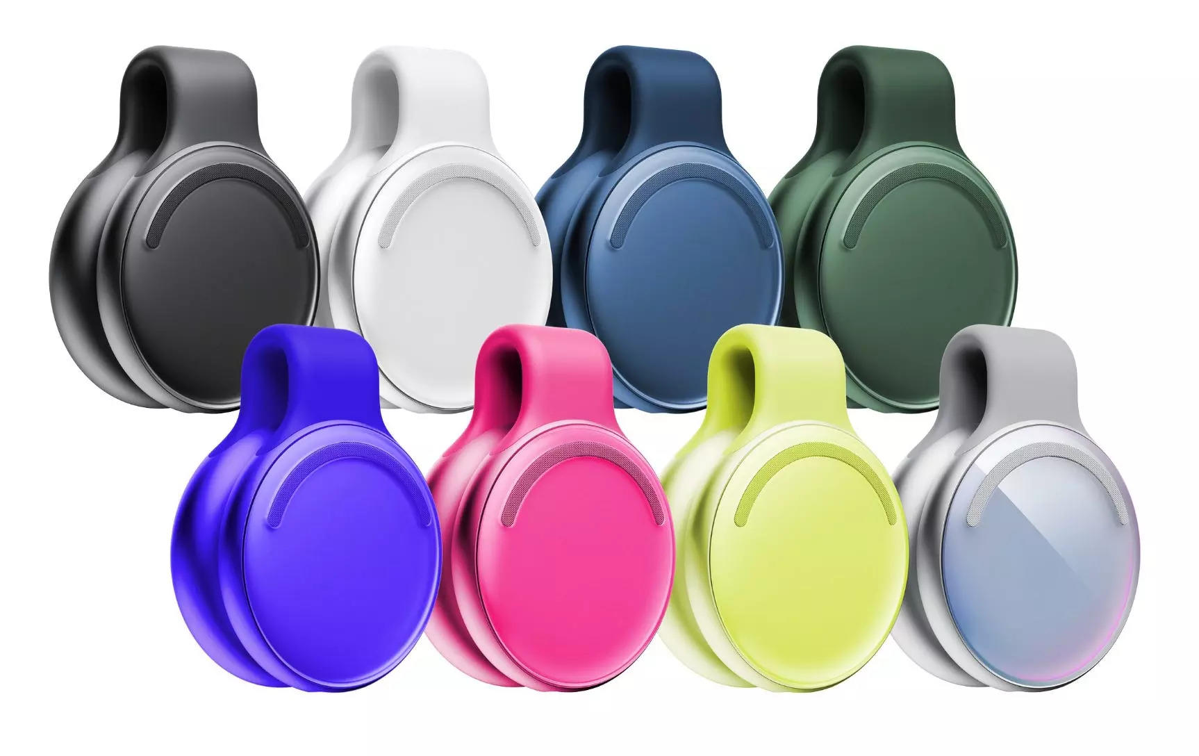 eight Limitless AI pendants, in various colors, that clip onto your clothes and record what you hear throughout the day