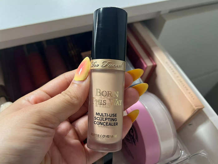 I cover blemishes and dark circles with the Too Faced Born This Way super coverage multiuse concealer.