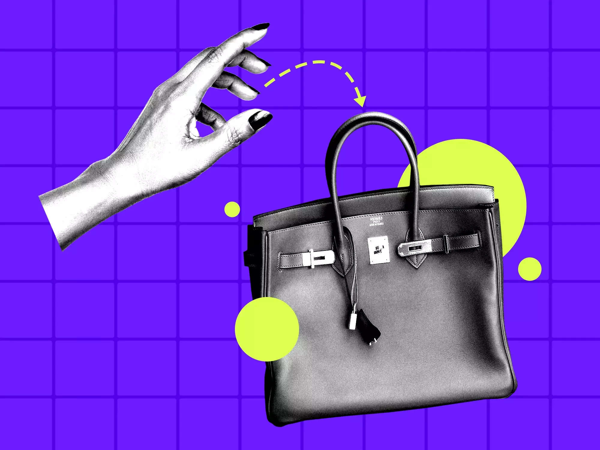 A graphic of a hand reaching for a black Birkin. The background is a purple grid.