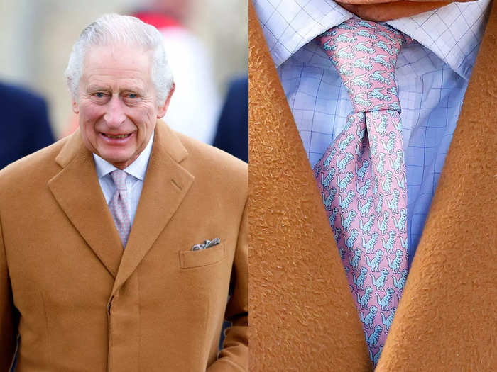 Charles wore a dinosaur tie to a church service near Sandringham Estate in 2023.