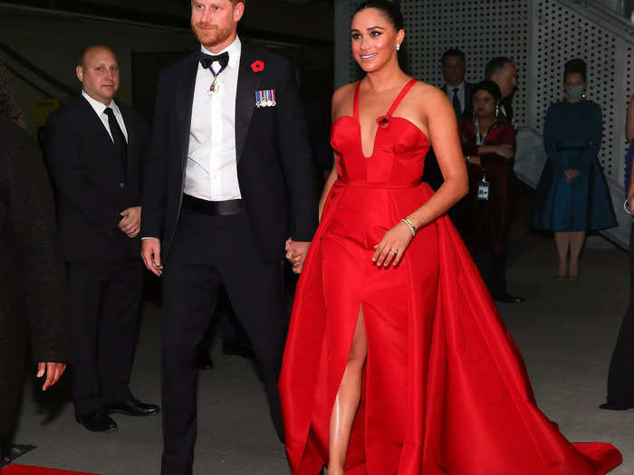 Meghan wore a bright-red dress from Carolina Herrera to the Salute to Freedom Gala in November 2021.