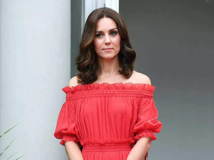 In 2017, Kate wore an off-the-shoulder Alexander McQueen maxi dress to celebrate the Queen