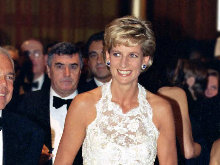 Diana wore a white lace gown with a low back to a gala in 1996.
