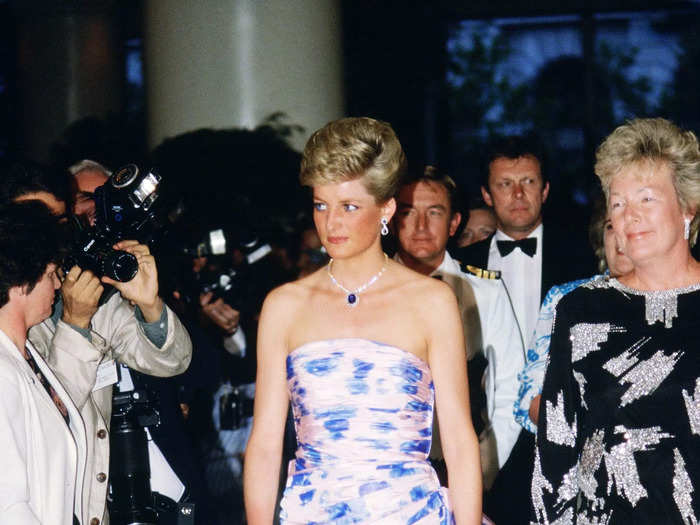 Princess Diana wore an off-the-shoulder Catherine Walker gown during a royal tour of Australia in 1988.