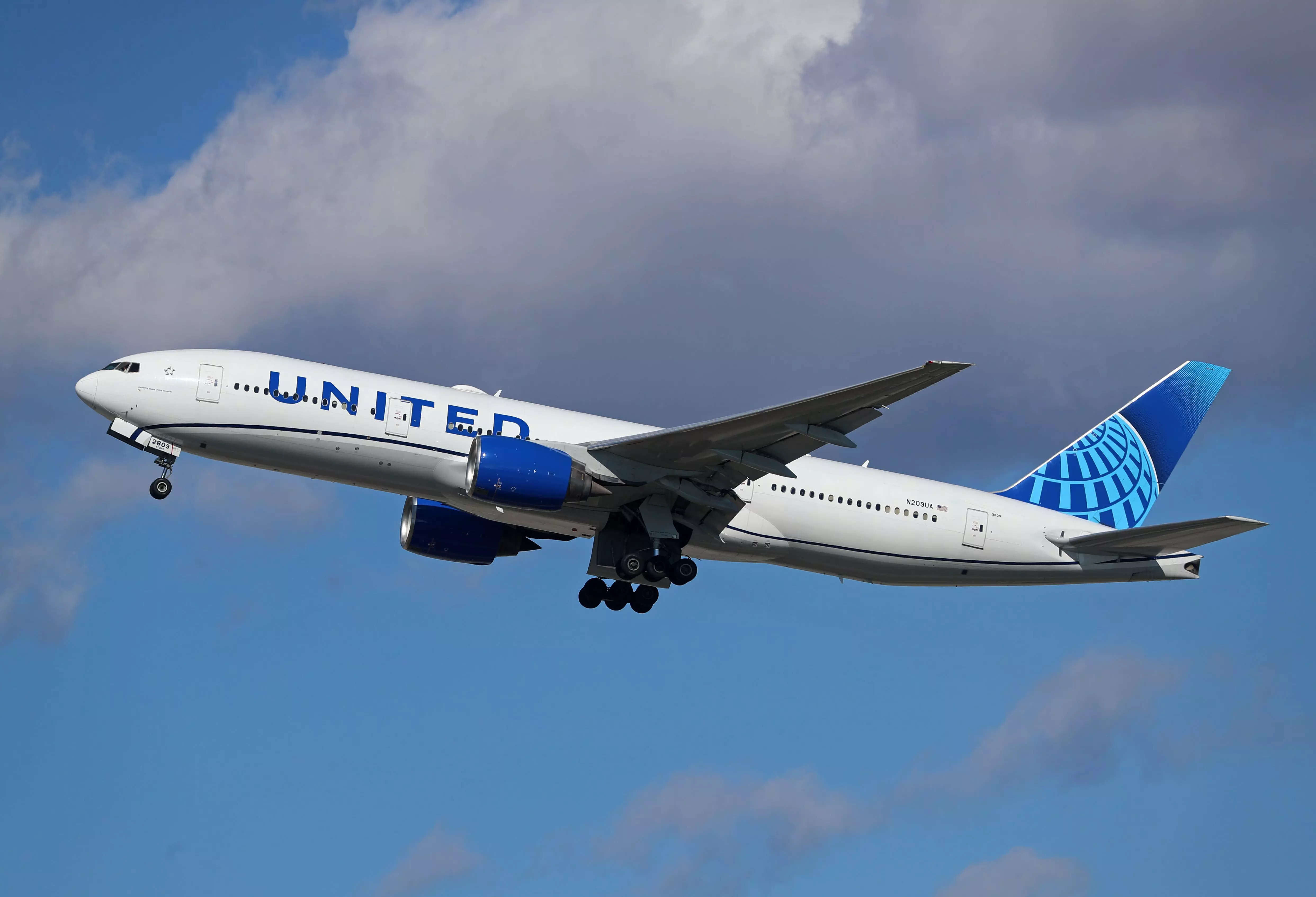 A Boeing 777-222(ER) from United Airlines is taking off from Barcelona Airport in Barcelona, Spain, on February 23, 2024.