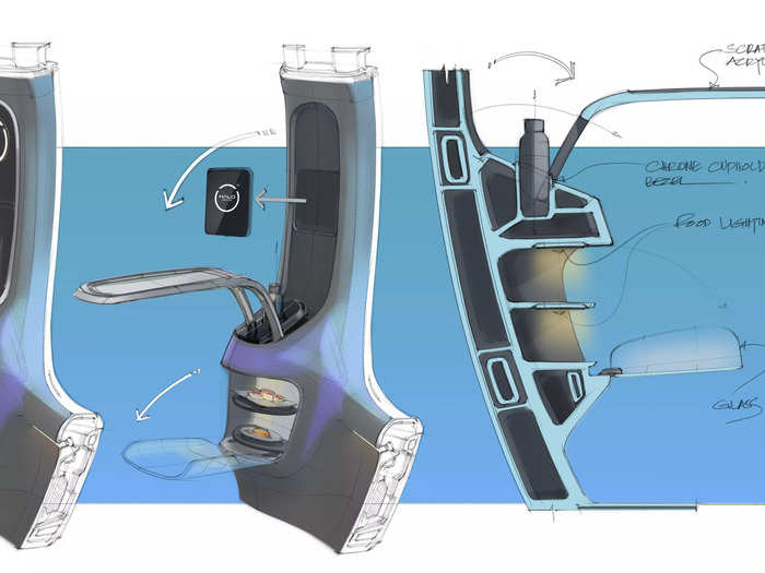 The capsule also features fold-down dining trays to maximize space. The area at the bottom stores meals, hot or cold, and Halo says it would serve whatever the customer requests.