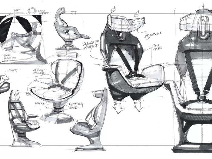 Stephenson shared the sketches of the seat design, showing how much thought went into details like the armrest and adjustable headrest. 