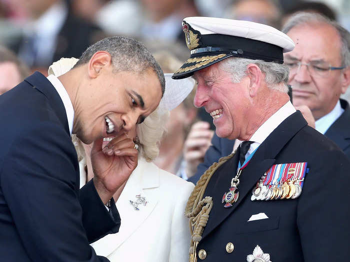 At a commemorative D-Day ceremony in 2014, Obama appeared to salute Charles in his military uniform, eliciting a chuckle from the then-Prince of Wales.