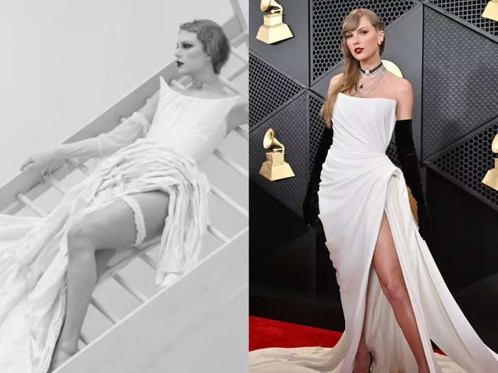 Swift wears a white dress that looks a lot like the one she wore to the 2024 Grammys.