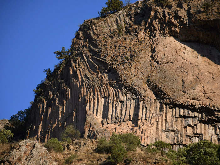 Along the cliff walls of Garni Gorge in Armenia are basalt columns.