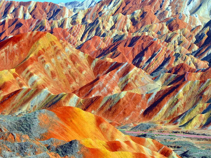 Zhangye Danxia Landform Geological Park is home to colorful, striped mountains in Gansu, China.