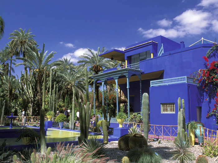 Le Jardin Majorelle in Marrakech, Morocco, is known for the distinctive color of its fountains and garden walls: "Majorelle blue."