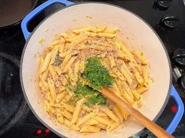 Then, I added the finely chopped parsley leaves, along with some lemon zest.