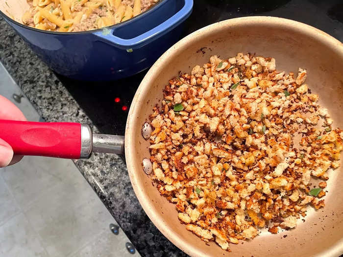 I cooked the breadcrumbs until they were crisp and golden brown.