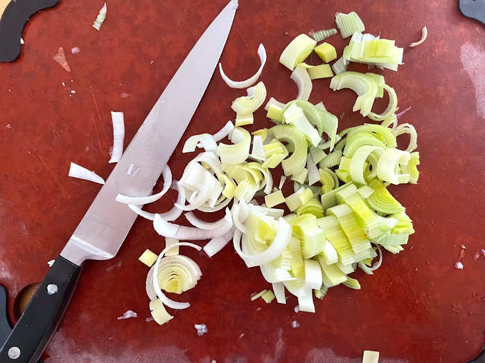 After grating my shallots and garlic, I finely sliced my leeks.