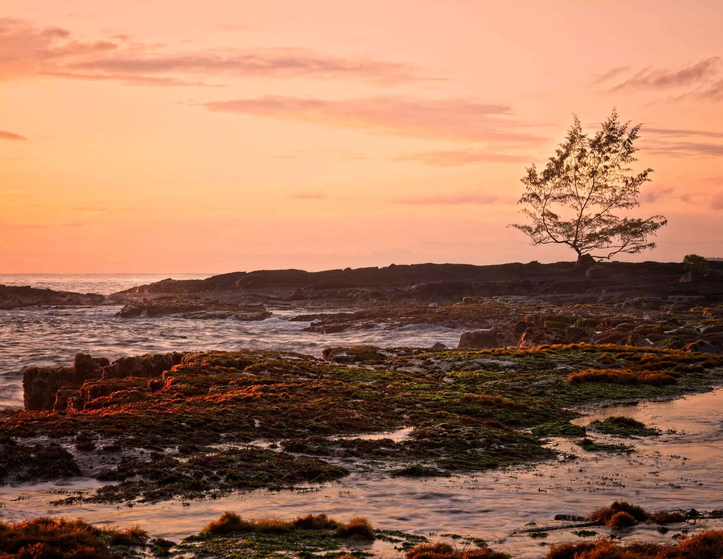 Sunset at a rocky beach in Hawaii.