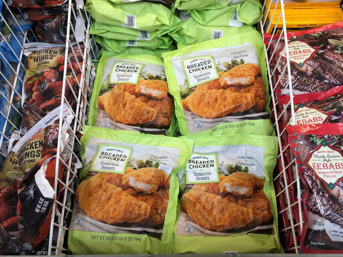 The frozen breaded-chicken tenderloin breasts are an essential purchase. 