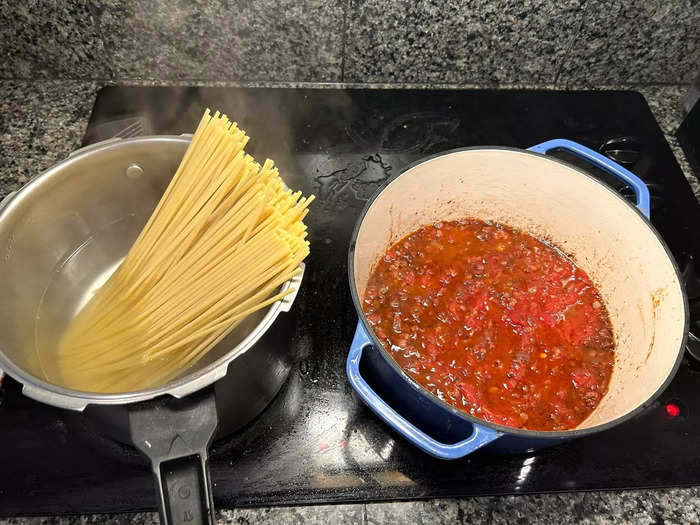 While my sauce was simmering, I added the pasta to my boiling pot of water.