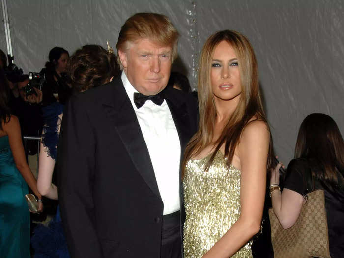 Trump wore his traditional tuxedo again in 2007, while his wife shimmered in a gold fringe dress by Roberto Cavalli.
