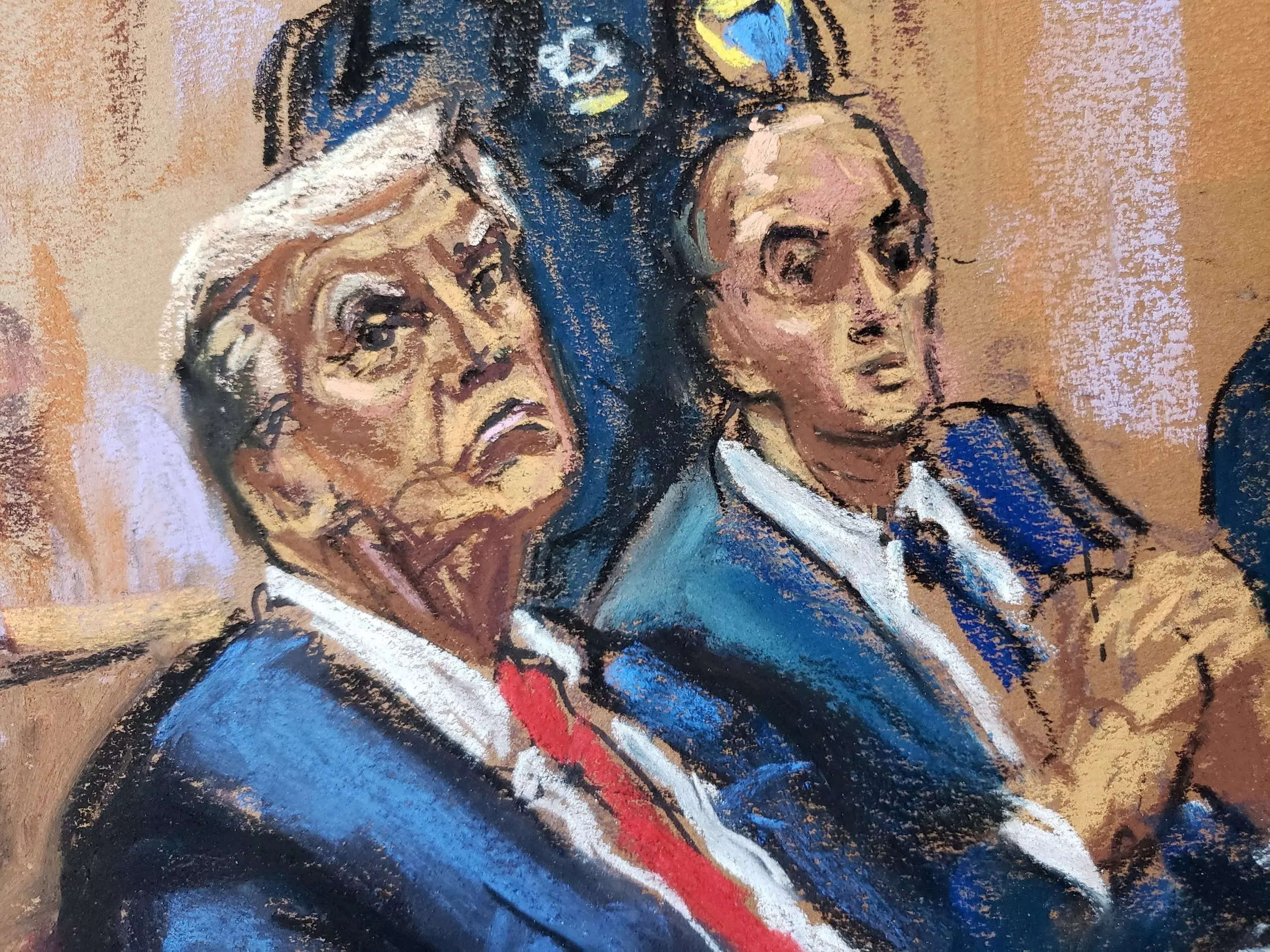 A court sketch shows Donald Trump sitting in court alongside Emil Bove.