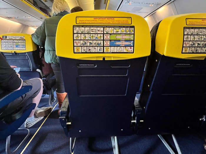 Another unique design point of a Ryanair jet is the lack of a seat pocket, with the safety card printed on the headrest instead. Again, this is to save time between flights as there