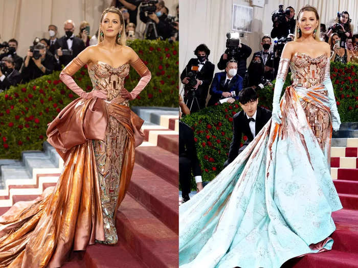 Lively outdid her 2018 outfit when she channeled the Statue of Liberty at the 2022 gala in a gown that unraveled to create two stunning looks, going from copper to green.