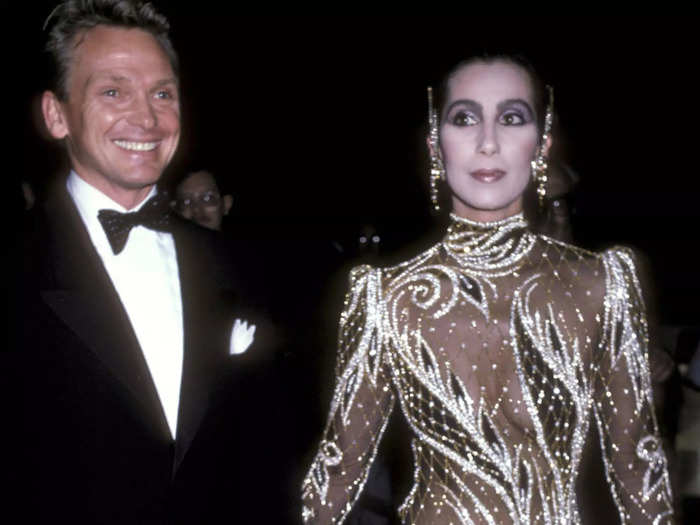 Cher stunned in another sheer and sparkling Bob Mackie creation when they attended the Met Gala together in 1985. 