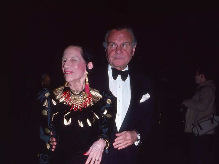 Former Vogue editor in chief Diana Vreeland, who ran the magazine from 1963-1971, looked fabulous in a polka dot gown as she attended the 1981 Met Gala with designer Bill Blass. 