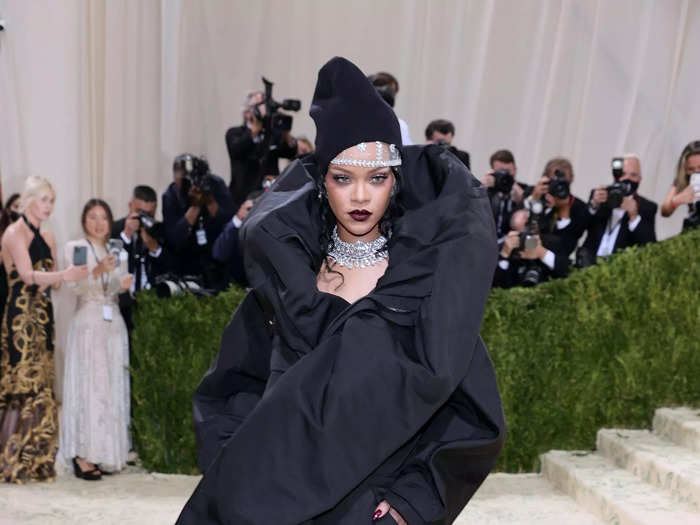 Rihanna made a statement in a couture coatdress as one of the last celebrities to arrive at the 2021 Met Gala.