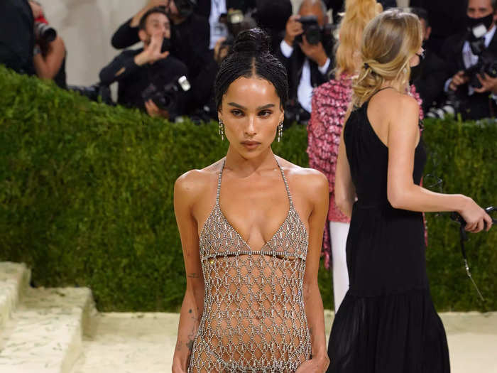 Zoë Kravitz walked the 2021 Met Gala red carpet in a chain-mail Saint Laurent dress.