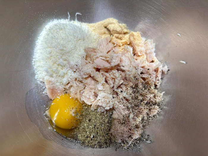 I started by putting the ingredients for my chicken crust in a bowl. 