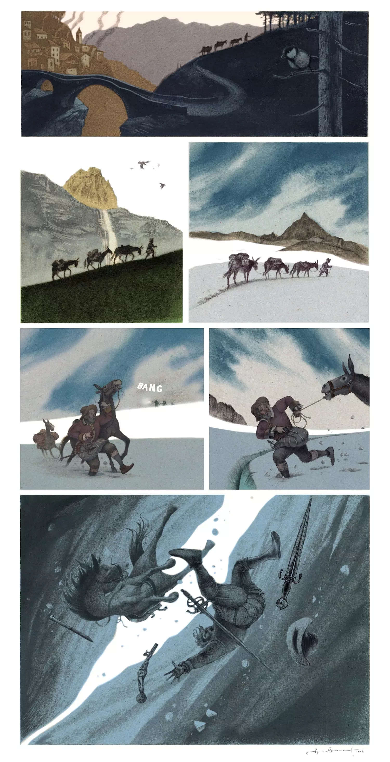 illustrated comic strip showing a man in medieval garb walking with a line of three mules out of a town, up a mountain, and onto a glacier, then falling into a giant crevasse, in six panels