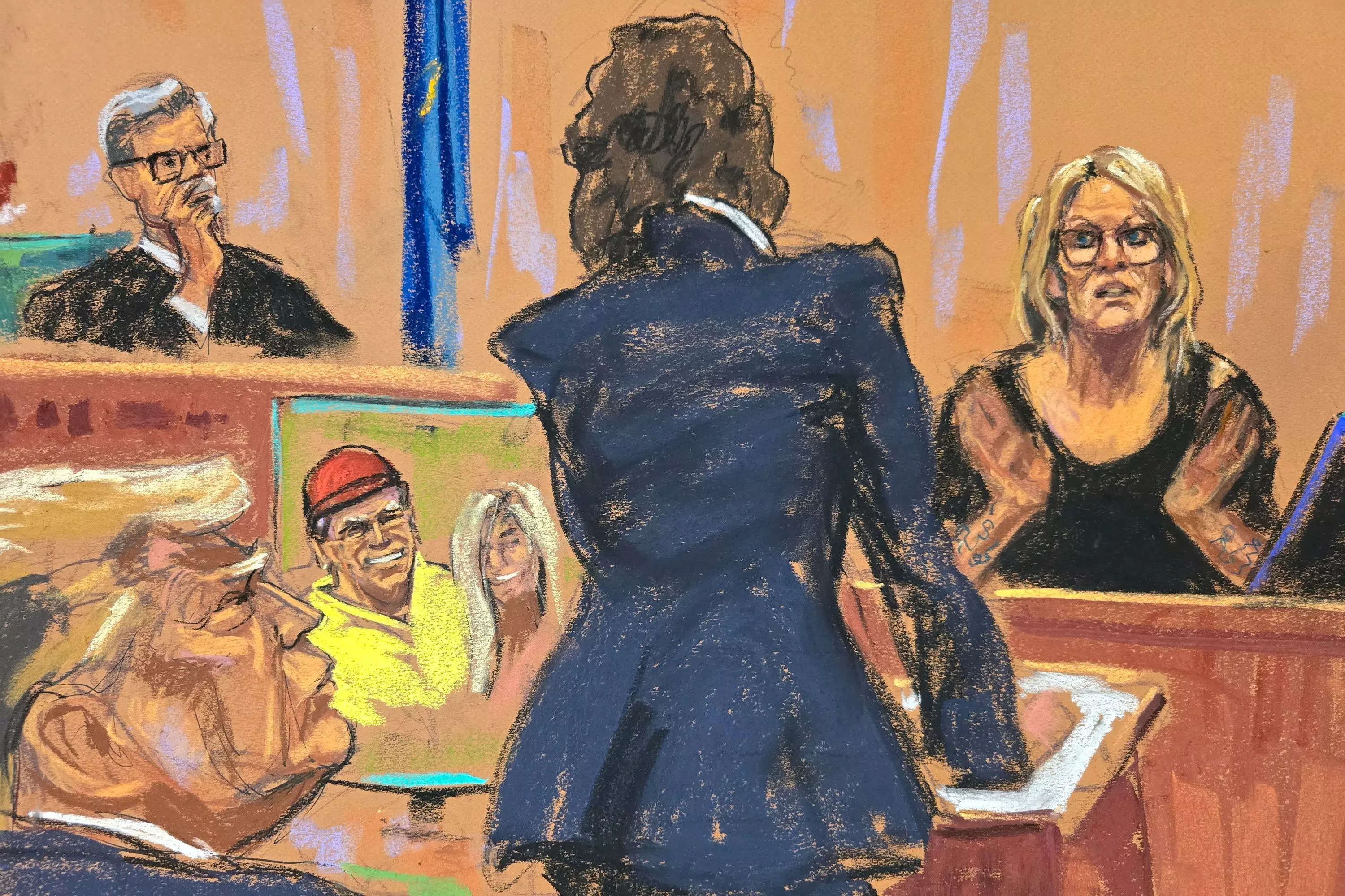 A courtroom sketch of Stormy Daniels being questioned by prosecutor Susan Hoffinger during former President Donald Trump