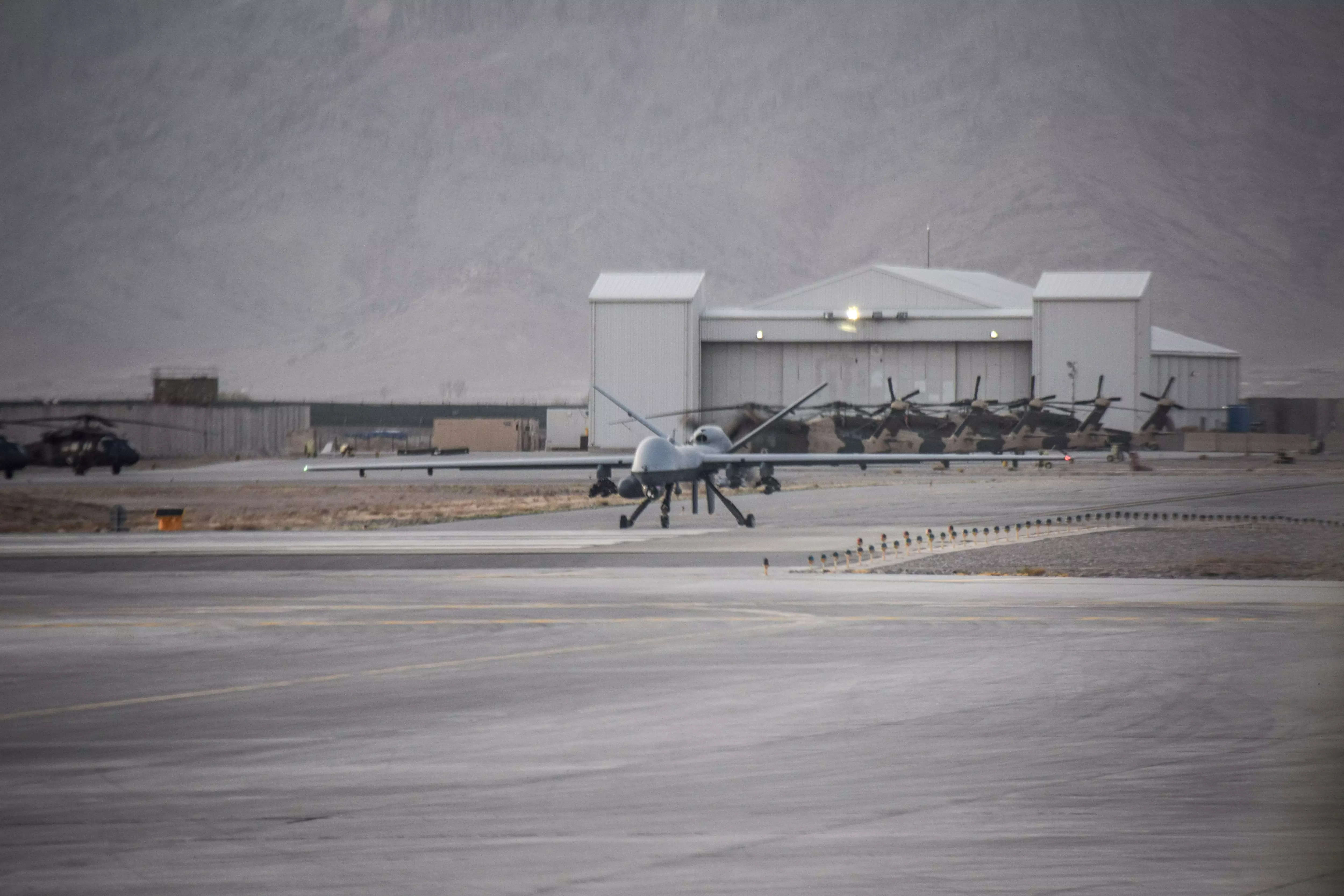 A US military MQ-9 Reaper drone waits for take-off at Kandahar Air Base in Afghanistan on March 9, 2018.