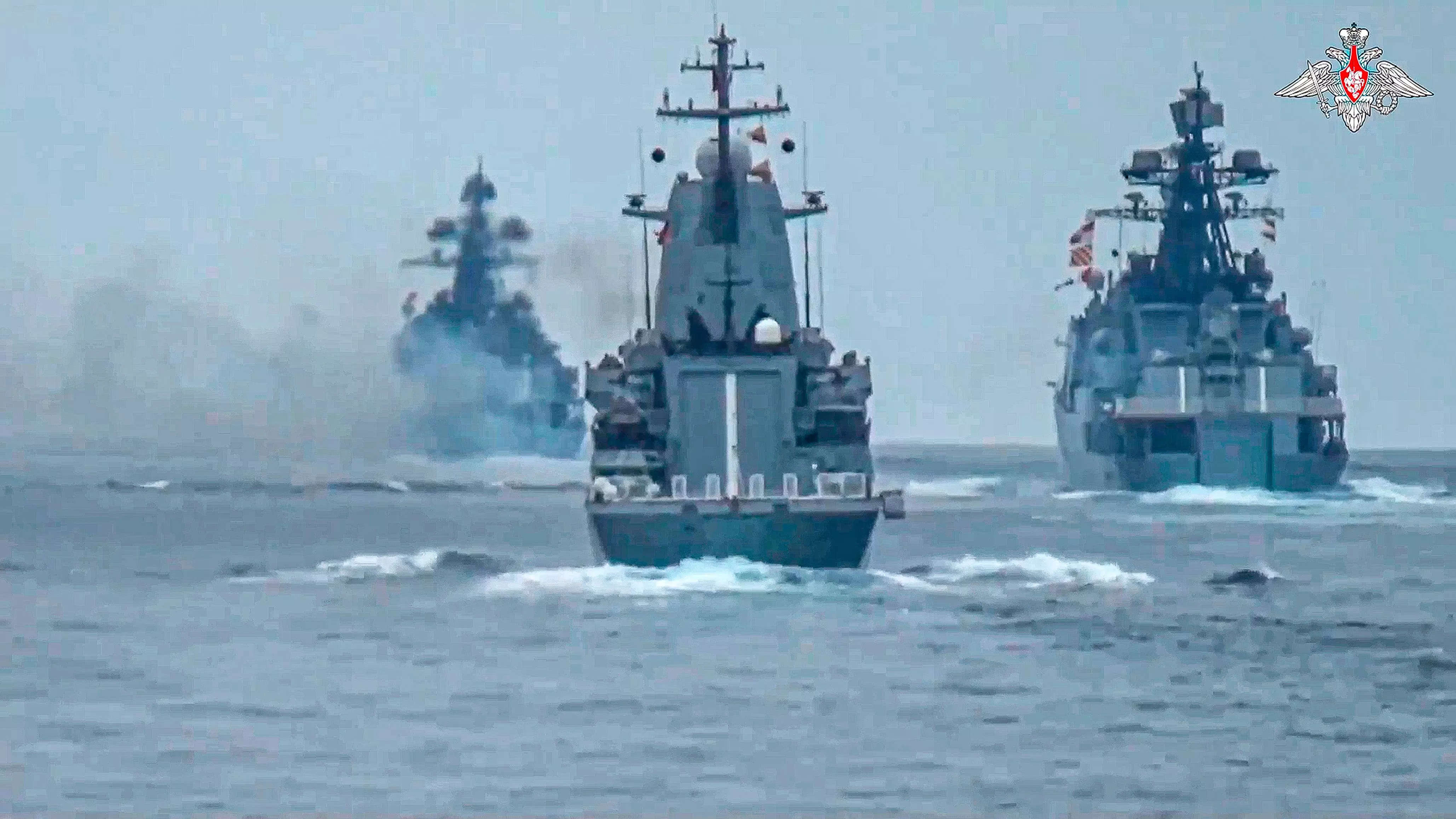 In this photo released by Russian Defense Ministry Press Service on Friday, July 21,2023, warships of the Russian Black Sea Fleet sail while taking part in naval drills in the Black Sea.